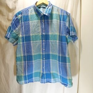 Perry Ellis Blue Plaid Men's Button Up, Short Sleeves, Size XL